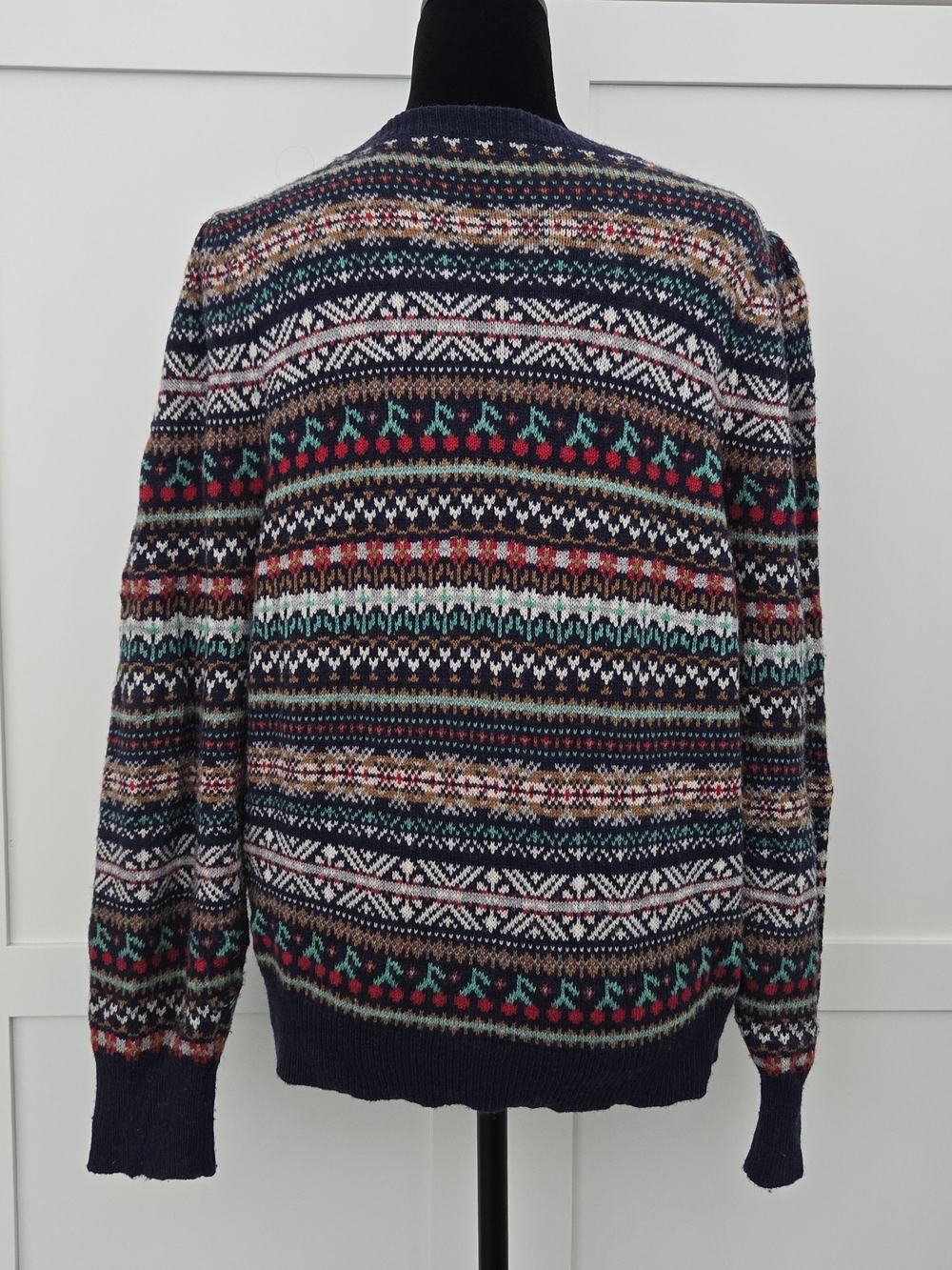 J. Crew Puff Sleeve Fair Isle Sweater Navy Colorful Cherries Wool Blend Large - Picture 3 of 10